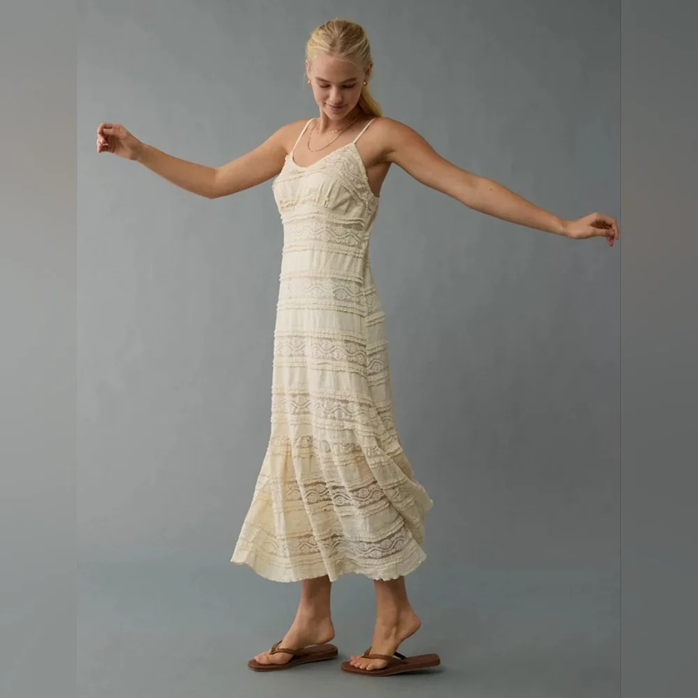 American Eagle Tiered Lace Midi Dress Graduation Maxi Off White Cream Ivory